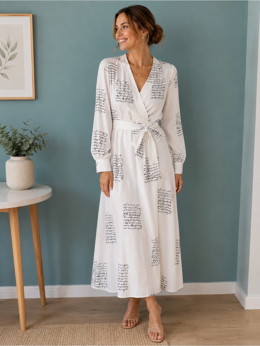 NWOT White Script-Print Wrap Maxi Dress - Picture 1 of 2